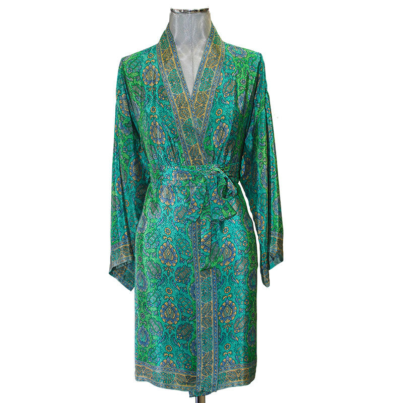kimono largo de semi seda paisley verde y azul