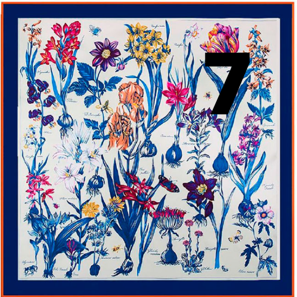 pañuelo grande XL de semi seda azul y beige con flores