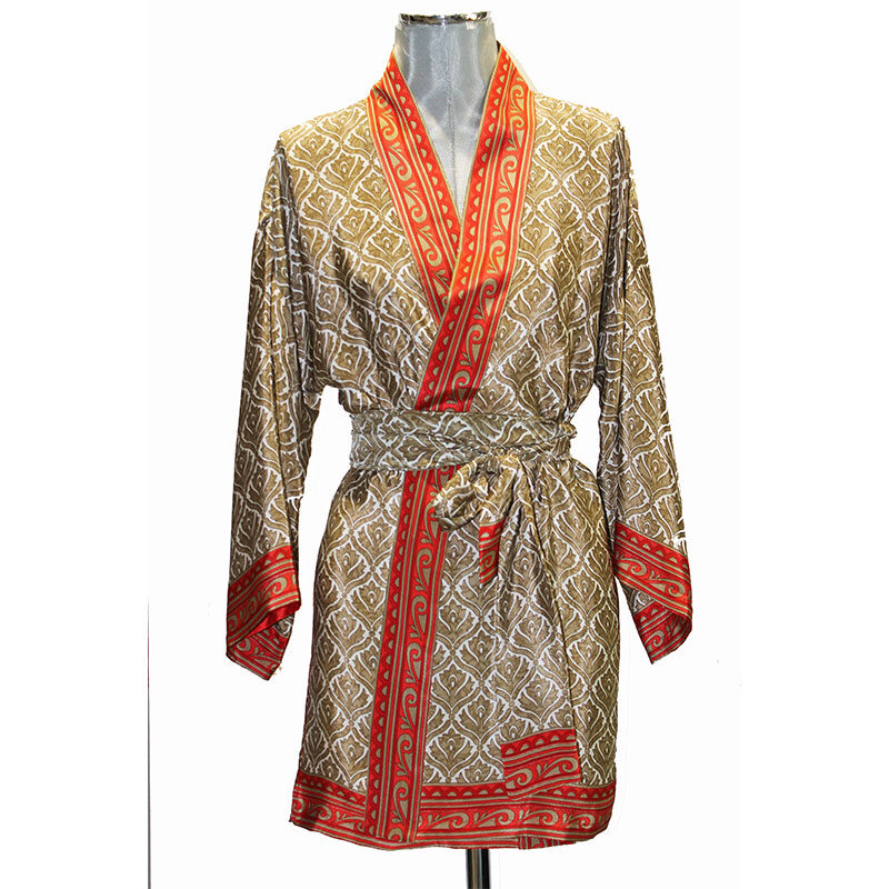 kimono de semi seda medallones beige y coral