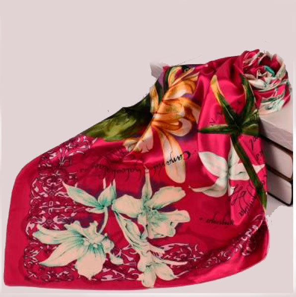 pañuelo imitación seda fucsia con flores